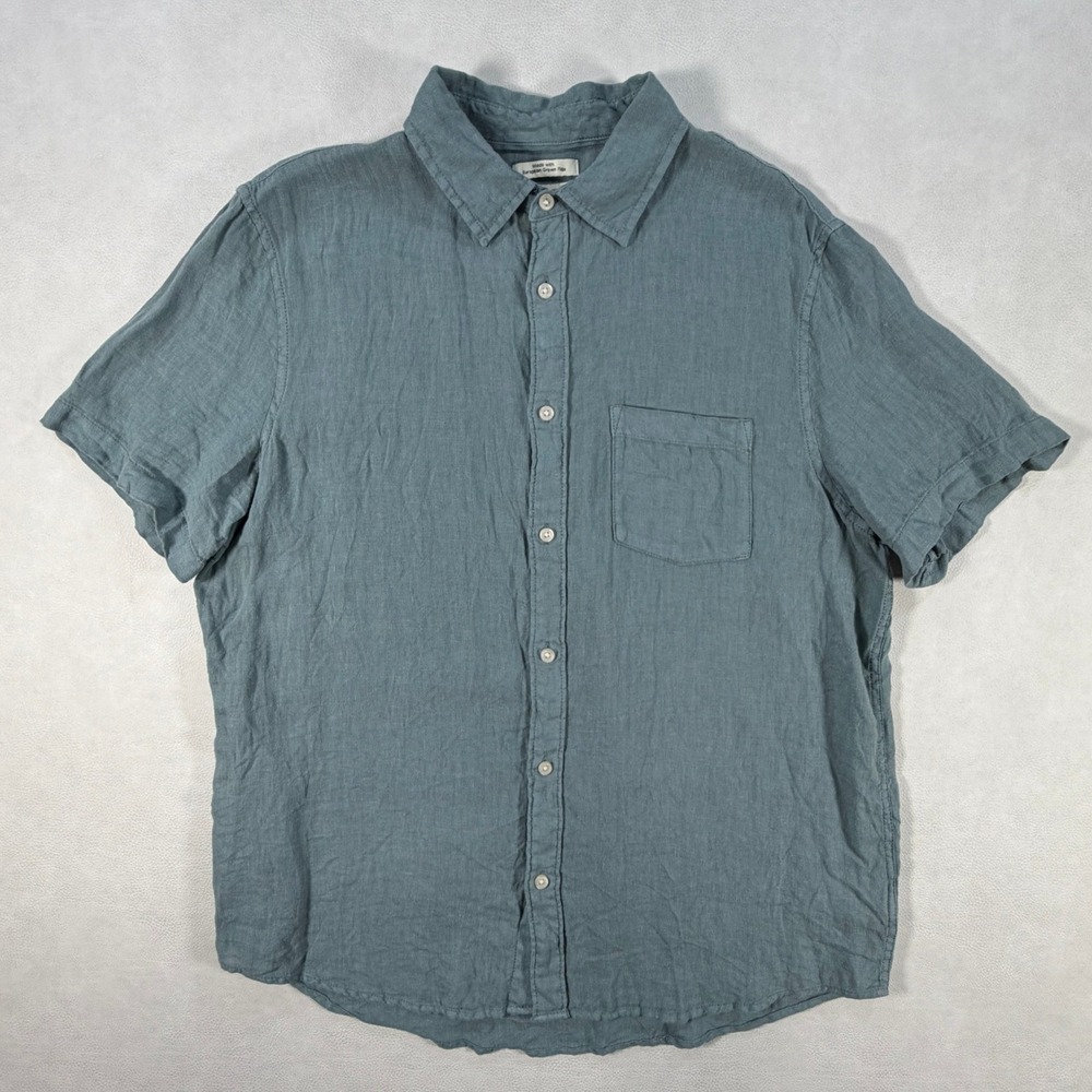 Thom Aaron Mens Large Linen Short Sleeve Button Down Shirt Blue Green